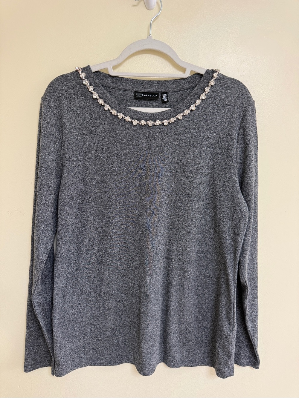 Rafaella Gray Long-Sleeve Crewneck Top with Pearl Trim